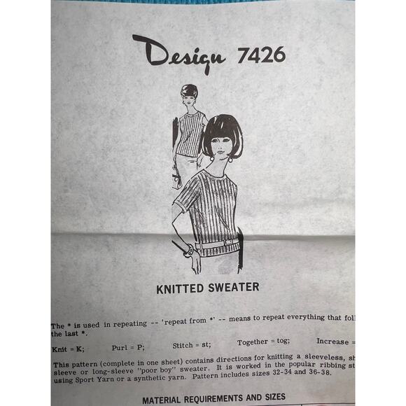 knitting pattern 7426 ribbed short sleeve sleevless sweater 1960s Size 32-38 - Picture 1 of 5